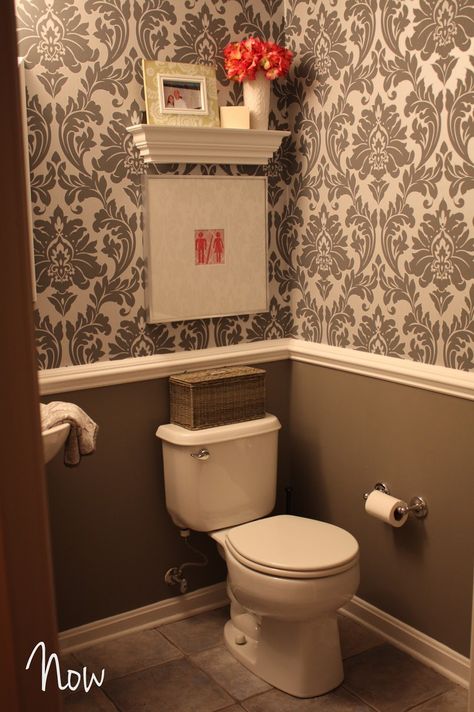 I heart the art! Wallpaper is cute too. Powder room redo post from Shush in your Home. Powder Room Redo, Bathroom Chair, Decoration Shabby, Brown Wall Art, Downstairs Bathroom, Half Bathroom, Chair Rail, Bathroom Redo, Room Redo