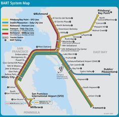 San Francisco Bay Area Metro Map (BART) - great way to get from the airport to downtown or Oakland Bart San Francisco, Bay Area Rapid Transit, Oakland City, Transit Map, System Map, Metro Map, Daly City, Subway Map, Lombard Street