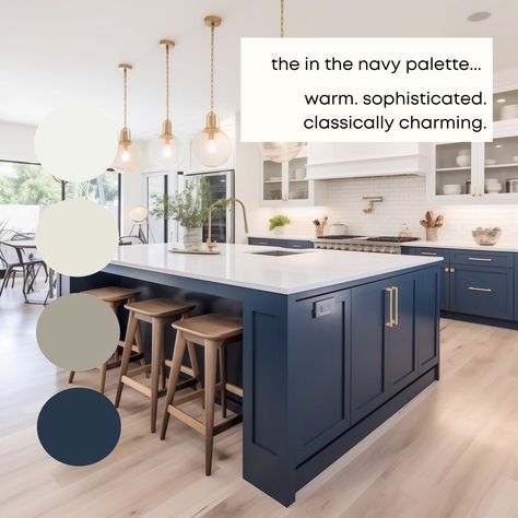 In the Navy Sherwin Williams Paint Palette - Modern Neutral Interior P – Millie Hart Interiors Navy Blue House Color Scheme, Naval Paint Sherwin Williams, Navy House Interior, Navy Sherwin Williams Paint, Sherwin Williams Navy Blue Paint Colors, In The Navy Sherwin Williams, Modern Navy Kitchen, Sherwin Williams Kitchen Cabinet Colors, Hart Interiors