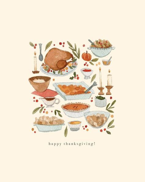 Thanksgiving Ads, Thanksgiving Drawings, Happy Thanksgiving Cards, Festive Dinner, Thanksgiving Images, Thanksgiving Wallpaper, Thanksgiving Art, Autumn Illustration, Holiday Painting