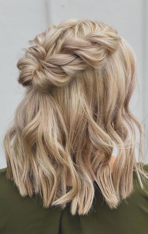 braided short hair, short hairstyles, chi Prom Hairstyles For Short Hair Blond, Blond Short Hair Wedding, Bridesmaid Hairstyle Shorthair, Simple Prom Hairstyles For Short Hair Shoulder Length, Bridesmaid Hairstyles For Short Hair Half Up, Hoco Hair Inspo Short, Homecoming Hair Inspo For Short Hair, Boho Chic Hairstyles Short, Short Hair Homecoming Styles Half Up