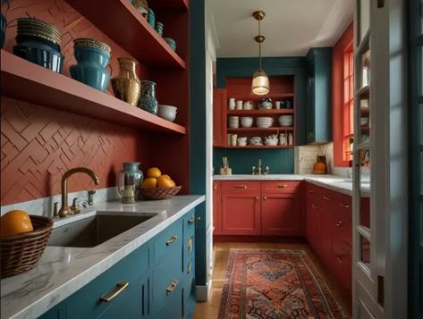 Teal And Terracotta Kitchen, Red And Turquoise Kitchen, Red And Teal Kitchen, Terracotta Kitchen, 90s Kitchen, Red Cabinets, Prep Meals, Turquoise Kitchen, Teal Kitchen