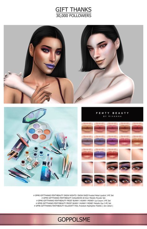 GPME-GIFTTHANKS FENTYBEAUTY Chillowt Holiday Collection | Patreon Fenty Makeup, Fenty Beauty Makeup, Frosted Lipstick, Powder Lipstick, Makeup Cc, Metallic Eyes, Metallic Powder, Sims 4 Cc Makeup, The Sims 4 Download