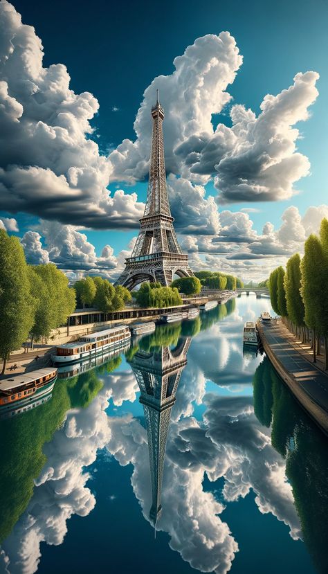 Eiffel Tower reaching upwards towards a sky filled with voluminous white clouds, reflected in the calm waters of the Seine River, with houseboats and tree-lined banks. Pakistan Nature, Eiffel Tower Pictures, Los Angeles Wallpaper, Eiffel Tower Art, Eiffel Tower Photography, Cityscape Wallpaper, Abstract Art Images, Seine River, Paris Tour Eiffel