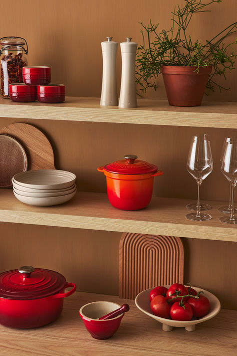 Le Creuset iconic Cerise colour pairings effortlessly this Fall with Flame and Meringue. This gradient of red blends with the warm orange and calming beige to create the perfect Fall Foliage colourway. Colour Pairing, Color Pairing, Le Creuset, Fall Foliage, Meringue, To Create, Orange, Red, Quick Saves