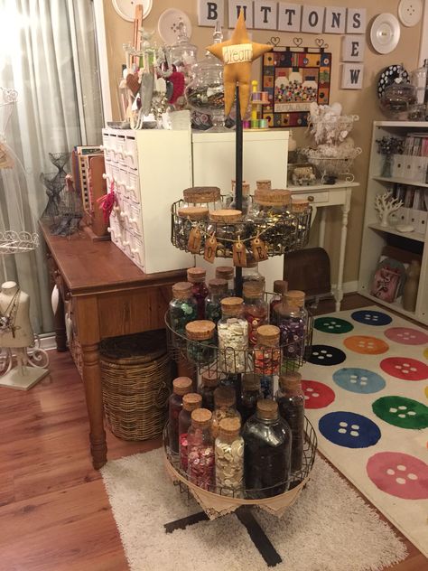 My Craft Room (Shana Hunt) Sewing Shed Craft Rooms, Apothecary Craft Room, Thrifted Craft Room, Thrift Store Organization Ideas, Vintage Craft Room, Office Craft Room Combo, Art Studio Storage, Curiosity Approach, Homework Room