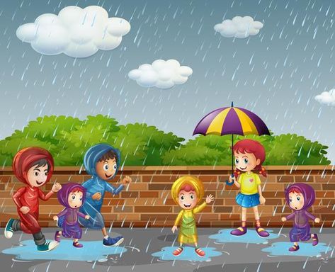 Many children running in the rain Rainy Season Pictures, Rainy Day Images, Rain Cartoon, Rainy Day Drawing, Rain Illustration, Children Running, Rain Pictures, Running In The Rain, Toddler Arts And Crafts