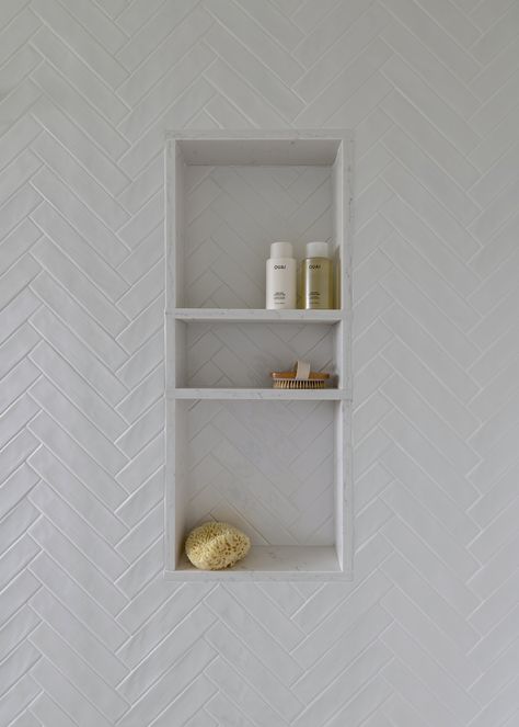 Diy Shower Niche, Niche In Shower, Shower Shelf Ideas, Shower Niche Shelf, Herringbone Tile Wall, Recessed Shelf, Mom Bathroom, Shower Alcove, Tile Shower Niche