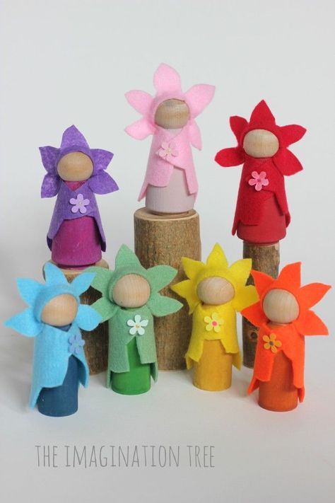 DIY Flower Fairy Wooden Peg Dolls - The Imagination Tree Diy Flower Fairy, Peg Dolls Diy, Waldorf Inspired Toys, Diy Gifts To Make, Imagination Tree, Wooden Peg Dolls, Waldorf Crafts, Wood Peg Dolls, Dolls Diy