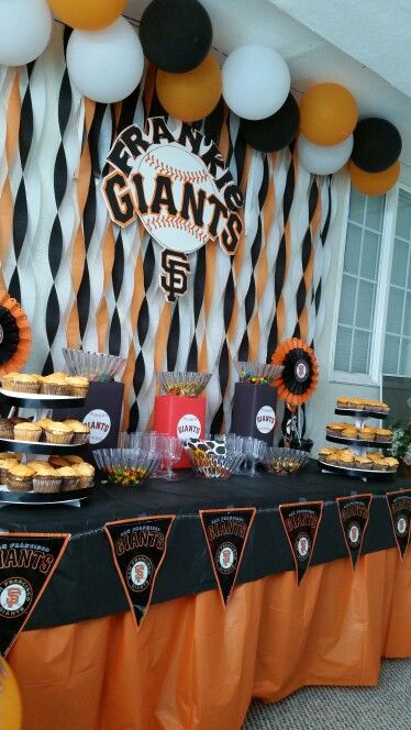 Giants Baseball Party, Baseball Theme Birthday Party, Facing The Giants, Sf Giants Baseball, Baseball Theme Party, Football Theme Party, Baseball Birthday Party, 27th Birthday, Giants Baseball