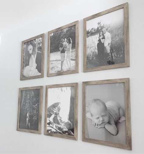 Photo display wall. Black and white pictures in barn wood frames Newborn Photo Display Ideas, Black And White Photo Display, Small Woods Pictures, 8x10 Photo Wall Display Ideas, Small Wood Pictures, Photo Display Wall, Farmhouse Dinnerware Sets, Family Photos Wall Decor, Farmhouse Dinnerware