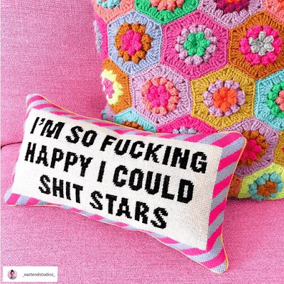 35 Needlepoint word pillows to get you stitching | CRAFT TREND ALERT | 'Im so fucking happy I could shit star' stitched throw pillow homeware that is cool to decorate your bed, sofa or occasional chair with. Cheeky sayings and quotes that you want in your house. Blog Post by Now that's Peachy Create Your Own Quotes, Funny Throw Pillows, Diy Throw Pillows, Word Pillow, Funny Pillows, Needlepoint Pillow, Cross Stitch Pillow, Needlepoint Designs, Vintage Needlepoint