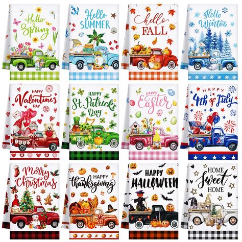 PRICES MAY VARY. Complete Seasonal Kitchen Towel Set: this set contains 12 seasonal kitchen towels featuring charming designs for all four seasons; Each towel has vibrant patterns like gnomes, trucks, and classic mansion can illustrations for a fun kitchen aesthetic; These are enough to meet the daily kitchen needs, adding style and functionality to your home Ideal Size for Daily Use: each summer kitchen towel measures approximately 21.3 x 14.2 inches/ 54 x 36 cm, which makes it the right size f Holiday Tea Towels, Classic Mansion, Holiday Hand Towels, Holiday Tea, Christmas Hand Towels, Decorative Set, Fun Kitchen, Kitchen Aesthetic, Wash Cloths