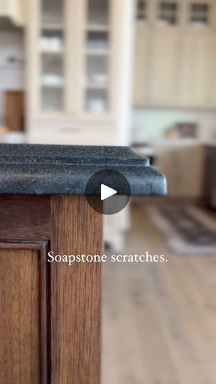 24K views · 2K reactions | It cost less, too. 🖤 I’ll tell you EXACTLY what we chose to mimic the look of soapstone while avoiding all of the problems that come with most soapstone countertops. 👇  HERE’S WHY:  When we were building our home, I knew I wanted a dark countertop paired with dark wood for our kitchen island, with lighter perimeter cabinets and countertops, and my heart was 100% set on beautiful SOAPSTONE.   But as I researched, saw photos online, read horror stories, and saw images of chipped, scratched, dented, discolored soapstone… my heart sank. I appreciate patina… but this seemed to go beyond that.   I understand there are some soapstones that hold up better than others, but still… I didn’t want to have to potentially worry or fuss over my countertops that much.  WHAT WE White Kitchen Soapstone Countertops, Light Soapstone Countertops, Soapstone Bar, Counter Top Options, Soapstone Kitchen Countertops, Soapstone Island, Soapstone Countertops Kitchen, Soapstone Kitchen, Walnut Island