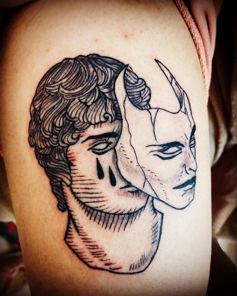 Play Mask Tattoo, Hiding Behind A Mask Tattoo, Face With Mask Tattoo, Double Mask Tattoo, Omni Mask Tattoo Design, Masking Tattoo, Hand Mask Tattoo, 2 Faced Tattoo, Poker Face Tattoo