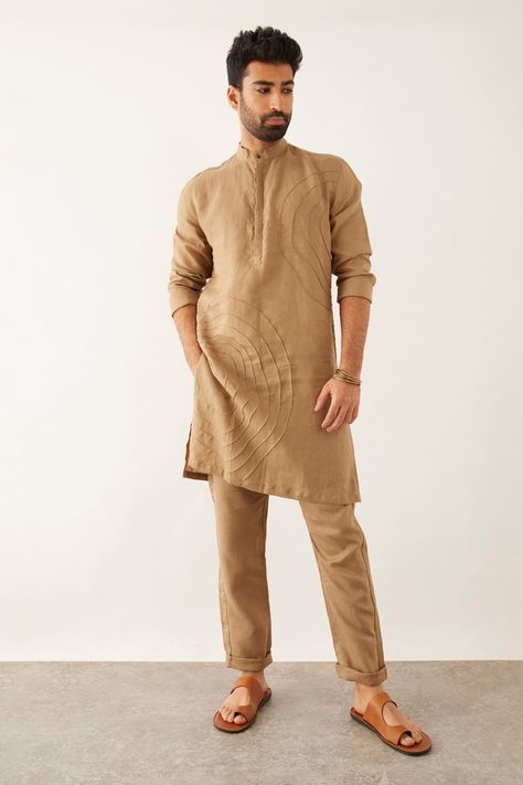 Shop for these amazing collections of Brown 100% Linen Pintuck Textured Fez Kurta For Men by Son of A Noble Snob online at Aza Fashions. Kurta Designs Men's, Mens Traditional Wear, Boys Kurta Design, Wedding Dresses Men Indian, Gents Kurta Design, Kurta For Men, Gents Kurta, Kurta Men, Pajama Pattern