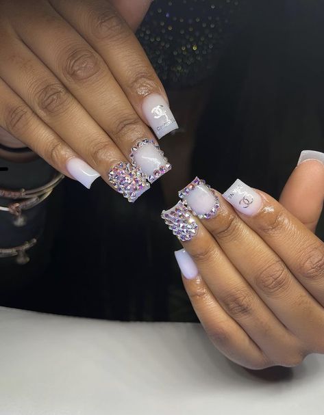 Short Acrylic Nails Designs With Stones, Short White Nails With Diamonds, Braider Nails Set Short, Square Nails With Rhinestones, Nursing Nails, Short Duck Nails Acrylic, French Acrylic Nails, Dope Nail Designs, Short Square Acrylic Nails