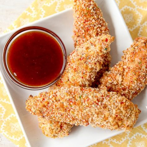 Fruity Pebbles Crusted Chicken Tenders Recipe | Post Consumer Brands Apricot Bbq Sauce, Fruity Pebble, Fruity Pebbles Cereal, Crusted Chicken Tenders, Pebbles Cereal, Barbecue Chicken Recipe, Spicy Dipping Sauce, Chicken Tender Recipes, Rainbow Food