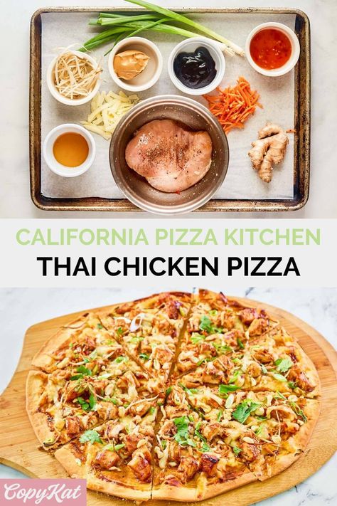 Craving a delicious California Pizza Kitchen Thai Chicken Pizza but can't make it to the restaurant? Try this amazing and easy CPK copycat recipe right in your own kitchen! This perfect blend of chicken, carrots, bean sprouts, cucumber, peanuts, cilantro, mozzarella cheese, and spicy peanut sauce creates a fantastic fusion of flavors that's a feast for the eyes and the palate. Perfect for a weeknight dinner, entertaining guests, or pizza night. Cpk Copycat Recipes, Chicken Pineapple Pizza, Chicken Flatbread Recipes, Thai Pizza, Chili Pizza, Thai Chicken Pizza, Bbq Chicken Pizza Recipe, Chicken Thai, Barbecue Chicken Pizza