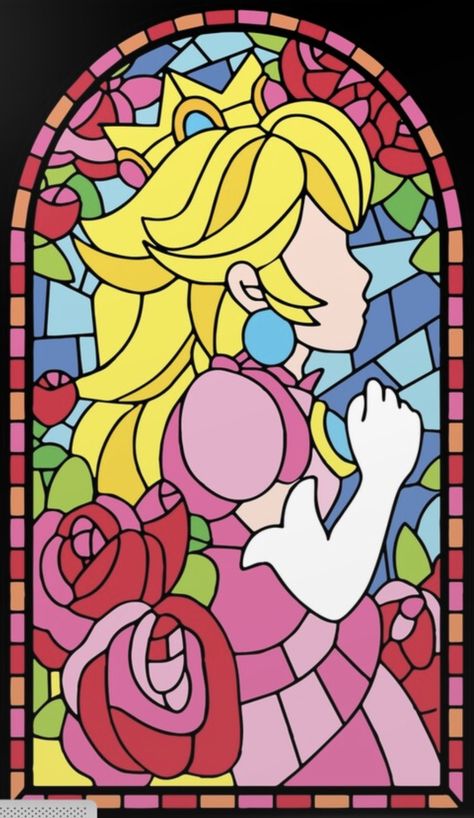 Stained Glass Princess Peach, Princess Peach Glass Window, Zelda Stained Glass Pattern, Princess Peach Stained Glass Window, Peaches Castle, Princess Peach Castle, Princess Peach Drawing, Princess Peach Wallpaper, Harmonie Mario