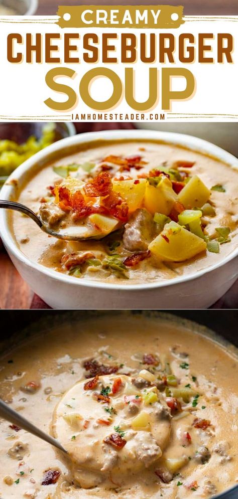 Creamy Cheeseburger Soup, Pickle Soup, Food For Dinner, Beef Potatoes, Bacon Cheeseburger Soup, Beer Cheese Soups, Soups Stews Chilis, Pot Pie Soup, Roasted Tomato Soup