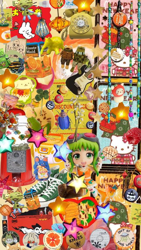 orange, yellow and green <3 🍊🍋🍏 #orange #yellow #green #vintage #retro #maximalist #frog #stars #starry #gumi #hellokitty #pins Cluttered Wallpaper, Sigma Wallpapers, Coquette Wallpapers, Retro Maximalist, Heisei Retro, Maximalist Wallpaper, Iphone Layouts, Future Wallpaper, Hello Kitty Backgrounds