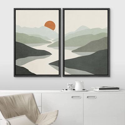 IDEA4WALL Framed Canvas Print Wall Art Green Pastel Watercolor Mountain Valley in Gray, Si Two Paintings Together On Wall, Multiple Canvas Art, Easy Wall Painting Ideas, Sun Abstract, Modern Art Canvas Painting, Wall Art Green, Big Wall Art, Modern Art Paintings Abstract, Relaxing Art