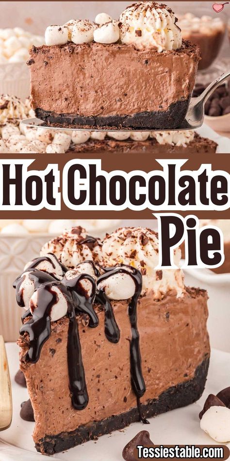 This rich and creamy hot chocolate pie doesn’t need the oven! Topped with marshmallows and whipped cream, it’s an indulgent treat for chocolate lovers. Perfect for any occasion! #HotChocolatePie #NoBakeDesserts #EasyDesserts Cheap Chocolate Desserts, Hot Cocoa No Bake Pie, Frozen Hot Chocolate Pie, Christmas Pie Chocolate, Creamy Chocolate Pie, Chocolate Cool Whip Pie, Easy Christmas Pies, Quick Chocolate Desserts, Ultimate Desserts