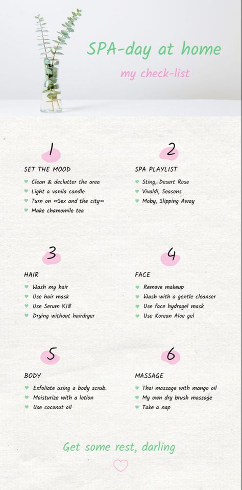 Spa
Checklist
Design Checklist Design, Home Checklist, Skin Care Business, Pampering Routine, Spa Night, Natural Beauty Diy, Wiccan Spell Book, Spa Day At Home, Body Spa