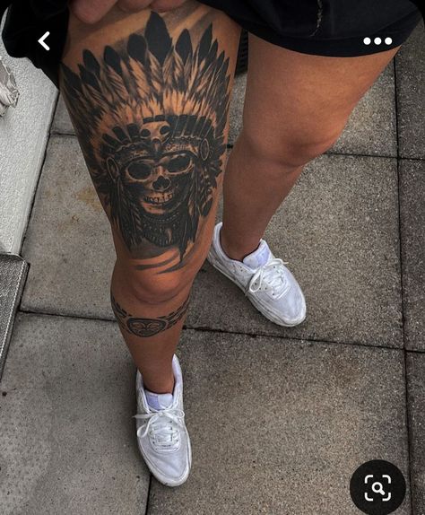 Indian Knee Tattoo, Men's Leg Tattoo Ideas, Manly Thigh Tattoos, Best Thigh Tattoos Men, Men Upper Leg Tattoo, Leg Pieces Tattoo, Guy Tattoos Thigh, Indian Arm Tattoo Men, Cowboy Leg Sleeve Tattoo