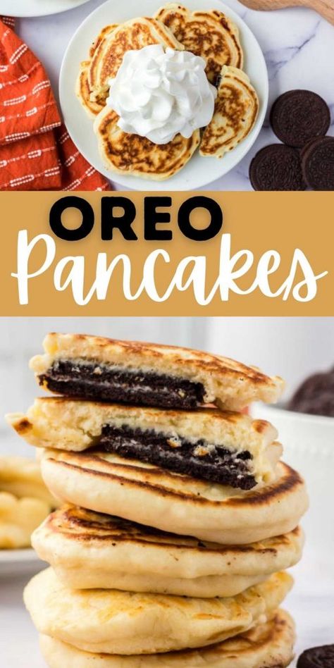 How To Make Oreo Pancakes, Oreo Pancakes Recipe, Pancake Ideas, Oreo Pancakes, Freeze Pancakes, Eating On A Dime, Special Breakfast, Cinnamon Roll Pancakes, Pancake Toppings