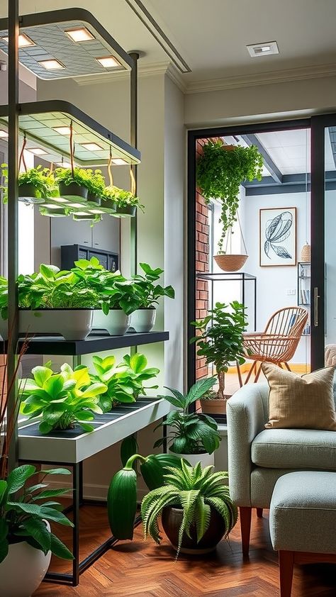 houseplants home decor Indoor Apartment Garden, Indoor Garden Ideas Apartments, Hydroponic Plants Indoor, Hydroponic Garden Indoor, Indoor Food Garden, Hydroponic Gardening Indoor, Indoor Grow Room, Hydroponic Herb Garden, Indoor Farm