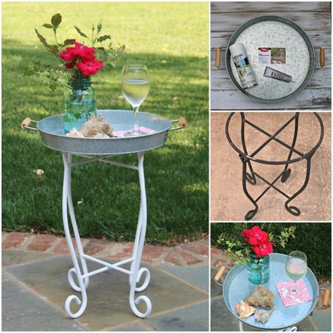 Small outdoor table makeover by our southern home using an old upcycled base and supplies from Walmart #themedfurnituremakeoverday Small Side Table Makeover, Outdoor Table Makeover, Small Outdoor Table, Upcycled Table, Tile Top Tables, Upcycle Table, Small Outdoor Patios, Diy Outdoor Table, Table Makeover