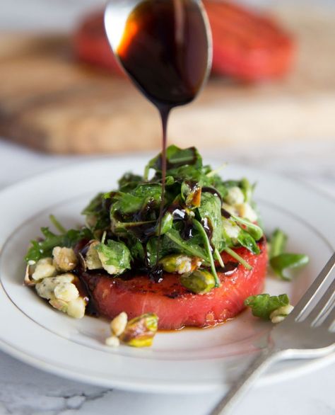 Grilled Watermelon Salad, Grilled Watermelon, Grilled Salad, Salad Salad, Watermelon And Feta, Watermelon Salad, Watermelon Recipes, Arugula Salad, Balsamic Glaze