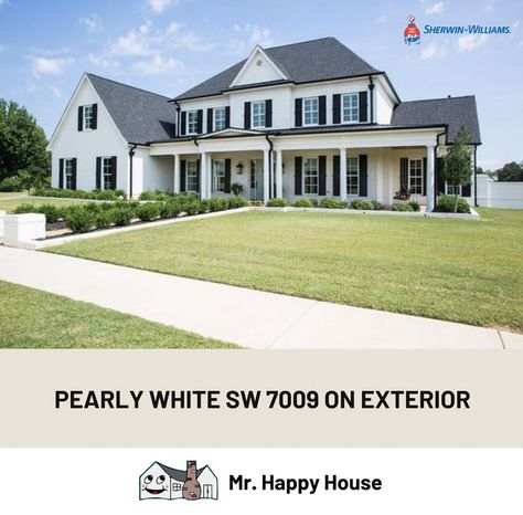 Pearly White SW 7009 house paint color on the exterior of house on the siding and soffits Sw Pearly White, White Home Exterior, Mr Happy, Small Sitting Area, White Exterior Paint, Sherwin Williams White, White Exterior Houses, Painted Brick House, White Exterior