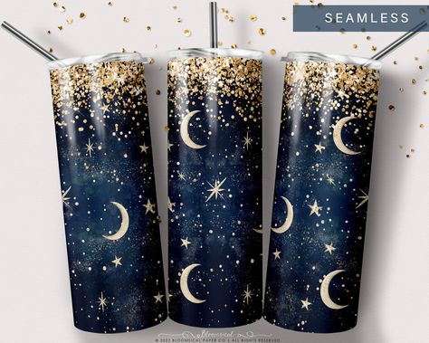 Moon And Stars Tumbler Ideas, Blue Gold White Tumbler, Glitter Tumbler Ideas Diy, Stars Moon, Tumbler Cups Diy, Custom Cup, Cricut Projects Vinyl, Tumbler Gift, Personalized Tumblers