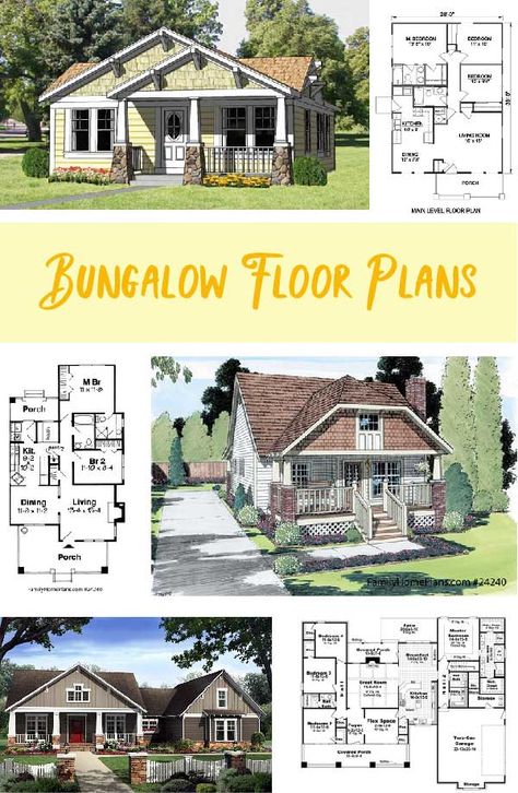 Bungalow floor plans include everything on one level and have great front porch designs. Bungalow style homes or Arts and Crafts Bunglows are America's homes and exude warmth and comfort. House Floor Plans One Level, Bungalow House Plans One Level, Small Bungalow House Plans, Cozy Bungalow, Vintage Bungalow, Arts And Crafts Bungalow, Small Bungalow, Bungalow Style House, Luxury Plan