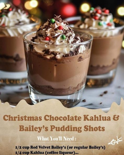 Baileys Pudding, Chocolate Pudding Shots, Pudding Shot Recipes, Sugar Cookie Cheesecake, Chocolate Baileys, Kahlua Coffee Liqueur, Dessert Shots, Pudding Shots, Boozy Desserts