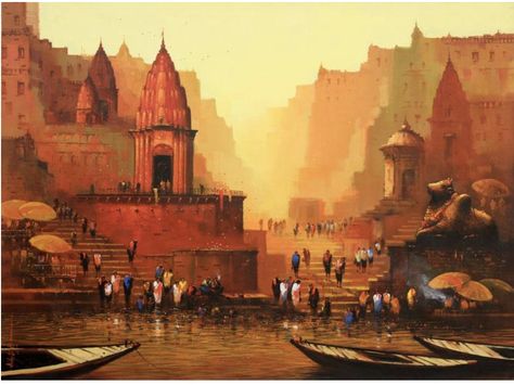 Ghats Of Varanasi, Banaras Ghat Aesthetic, Varanasi Illustration, Varanasi Pictures, Rangoli Inspiration, Varanasi Painting, Banaras Ghat, Spiritual Art Painting, Indian Images