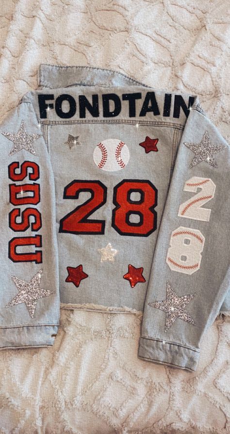 Custom Sports Jean Jackets, Baseball Custom Shirts, Custom Baseball Shirts Girlfriend, Baseball Game Outfit High School, Football Girlfriend Denim Jacket, Football Game Outfit Girlfriend, Sports Team Jean Jacket Diy, Boyfriend Football Jean Jacket, High School Baseball Game Outfit