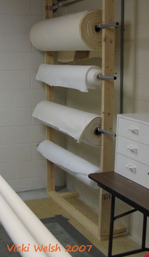 Great idea for batting storage (or pattern-making paper, or fabric on rolls e.g. Calico/heavy wt. Muslin for test garments) Rolled Fabric Storage, Fabric Roll Stand, Fabric Bolt Storage Ideas, Fabric Roll Storage Ideas, Quilting Organization Ideas, Batting Storage Ideas, Quilt Batting Roll Storage, Longarm Quilting Studio Sewing Rooms, Batting Storage