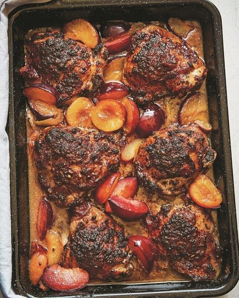 Best Plum Recipes, August Recipes, Roasted Chicken Legs, Easy Roast Chicken, Plum Recipes, Tray Bake Recipes, Delicious Magazine, Spice Recipes, Middle Eastern Recipes