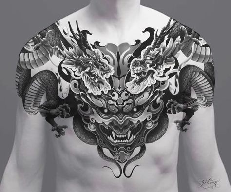 Upper Chest Tattoo Men, Japanese Chest Tattoo, Dragon Chest Tattoo, Chest Tattoo Japanese, Full Chest Tattoos, Tattoo Japanese Style, Small Chest Tattoos, Black Art Tattoo, Neck Tattoo For Guys