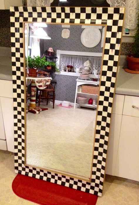 Checkered Furniture, Graphic Bedroom, Graffiti Furniture, Mackenzie Childs Diy, Mirror Border, Mackenzie Childs Inspired, Mckenzie And Childs, Harlequin Pattern, Mirror Crafts