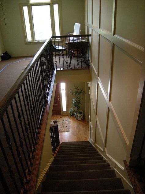 Bonus Room added over a two story Foyer. Designed and Built by Marty Thornberg - Traditional - Atlanta - by Marty Thornberg Designs Foyer Colors, Foyer Designs, Foyer Mirror, Kitchen Credenza, Staircase Wall, Two Story Foyer, Kitchen Black, Foyer Table, Gray Wall