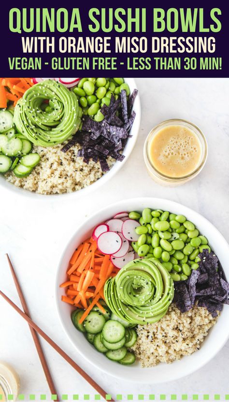 These Quinoa Sushi Bowls with Orange Miso Dressing are gluten free, oil free, and great for vegan meal prep! #sushi #sushibowl #vegansushi #quinoa #plantbased #vegan #buddhabowl #quinoabowl #mealprep via frommybowl.com Sushi Bowls, Vegan Quinoa, Sushi Bowl, Vegan Sushi, Miso Dressing, Quinoa Bowl, Vegan Bowls, Vegan Meal Prep, Sushi Recipes