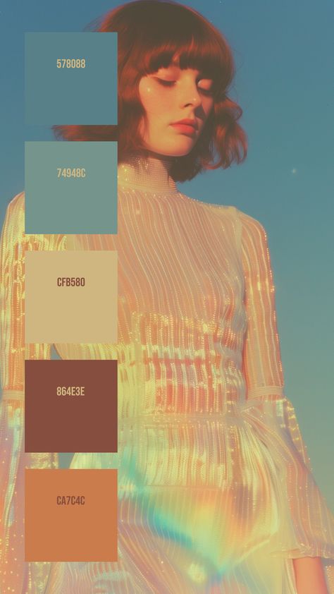 Colors: 578088 74948C CFB580 864E3E CA7C4C Color Palette Dreamy, Brown Hair And Bangs, Short Wavy Brown Hair, Dreamy Palette, Color Palets, Shimmering Dress, Wavy Brown Hair, Movie Color Palette, Hex Color