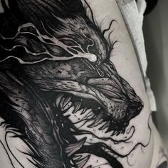 Dark Wolf Tattoo Design, Demon Wolf Tattoo, Blackwork Wolf Tattoo, Dark Wolf Tattoo, Werewolf Tattoo Design, Wolf Chest Tattoo, Wolf Sketch Tattoo, Hellhound Tattoo, Wolf Head Tattoo