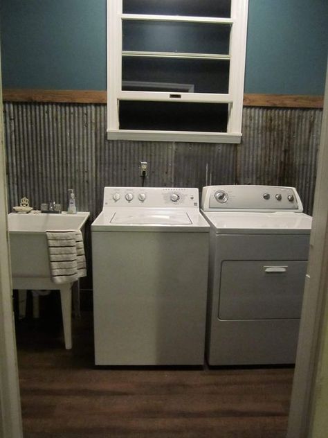 Corrugated Metal Wall Laundry Room, Laundry Room Mobile Home, Mudroom Inspirations, Teal Laundry Room, Galvanized Tin Walls, Corrugated Metal Roofing, Bathroom Facelift, Rustic Laundry Room, Corrugated Metal Wall