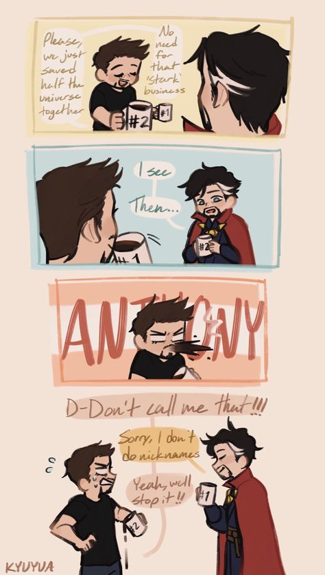 That Peter and Stephen moment from NWH but Ironstrange headcanon :D Doctor Strange X Tony Stark Fanart, Tony Stark Fanart, Tony Stark Comic, Marvel Headcanon, Avengers Comics, Mcu Marvel, Marvel Avengers Funny, Dr Strange, Loki Marvel